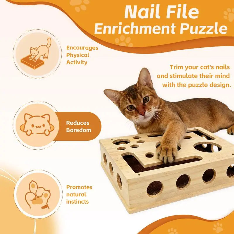 Cat Scratch & Nail File Puzzle Box – Fun Oak Wood Toy, No More Stressful Clipper Time! For Cats of All Ages