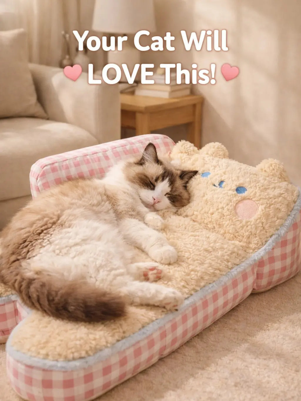 Aesthetic Pink Gingham Cat Sofa Bed – Orthopedic Plush Pet Couch & Calming Fleece Lounger for Cats & Small Dogs