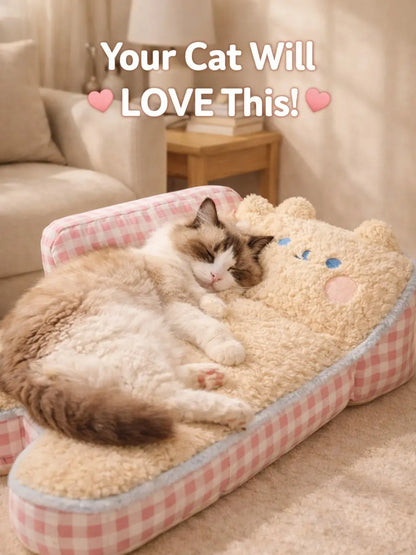 Aesthetic Pink Gingham Cat Sofa Bed – Orthopedic Plush Pet Couch & Calming Fleece Lounger for Cats & Small Dogs