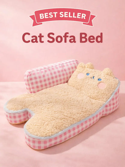 Aesthetic Pink Gingham Cat Sofa Bed – Orthopedic Plush Pet Couch & Calming Fleece Lounger for Cats & Small Dogs