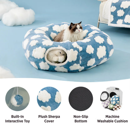 Cozy Cat Tunnel Bed for Indoor Cats – Soft & Cute Donut Tunnel with Washable Circle Cushion, 2-in-1 Pet Play Toy & Lounger