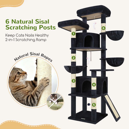 Skyline Cat Tower – 76" Tall Cat Tree with 2 Condos, 3 Hammocks & Sisal Scratching Posts