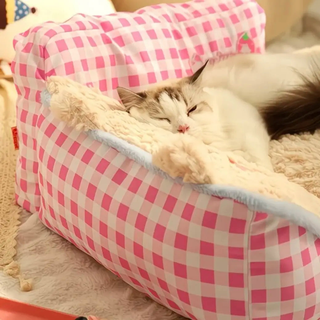 Aesthetic Pink Gingham Cat Sofa Bed – Orthopedic Plush Pet Couch & Calming Fleece Lounger for Cats & Small Dogs