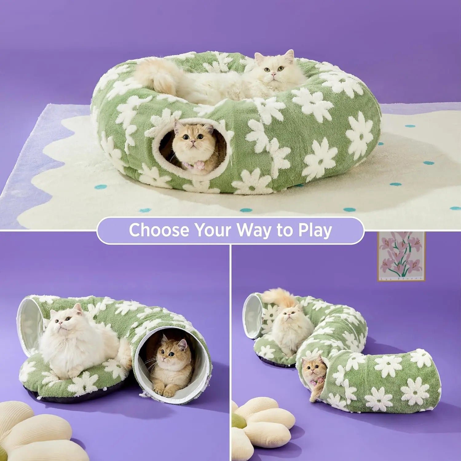 Cozy Cat Tunnel Bed for Indoor Cats – Soft & Cute Donut Tunnel with Washable Circle Cushion, 2-in-1 Pet Play Toy & Lounger