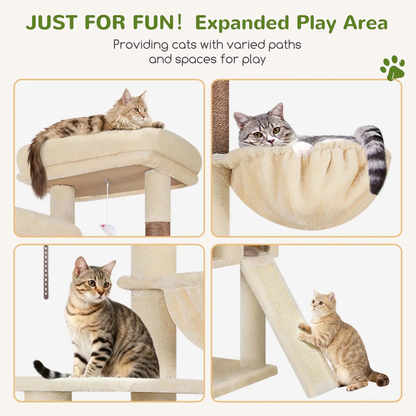 Skyline Cat Tower – 76" Tall Cat Tree with 2 Condos, 3 Hammocks & Sisal Scratching Posts