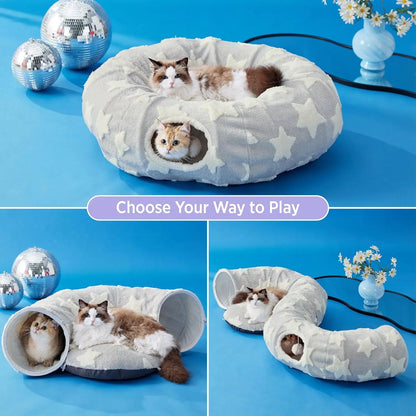 Cozy Cat Tunnel Bed for Indoor Cats – Soft & Cute Donut Tunnel with Washable Circle Cushion, 2-in-1 Pet Play Toy & Lounger