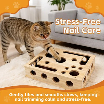 Cat Scratch & Nail File Puzzle Box – Fun Oak Wood Toy, No More Stressful Clipper Time! For Cats of All Ages