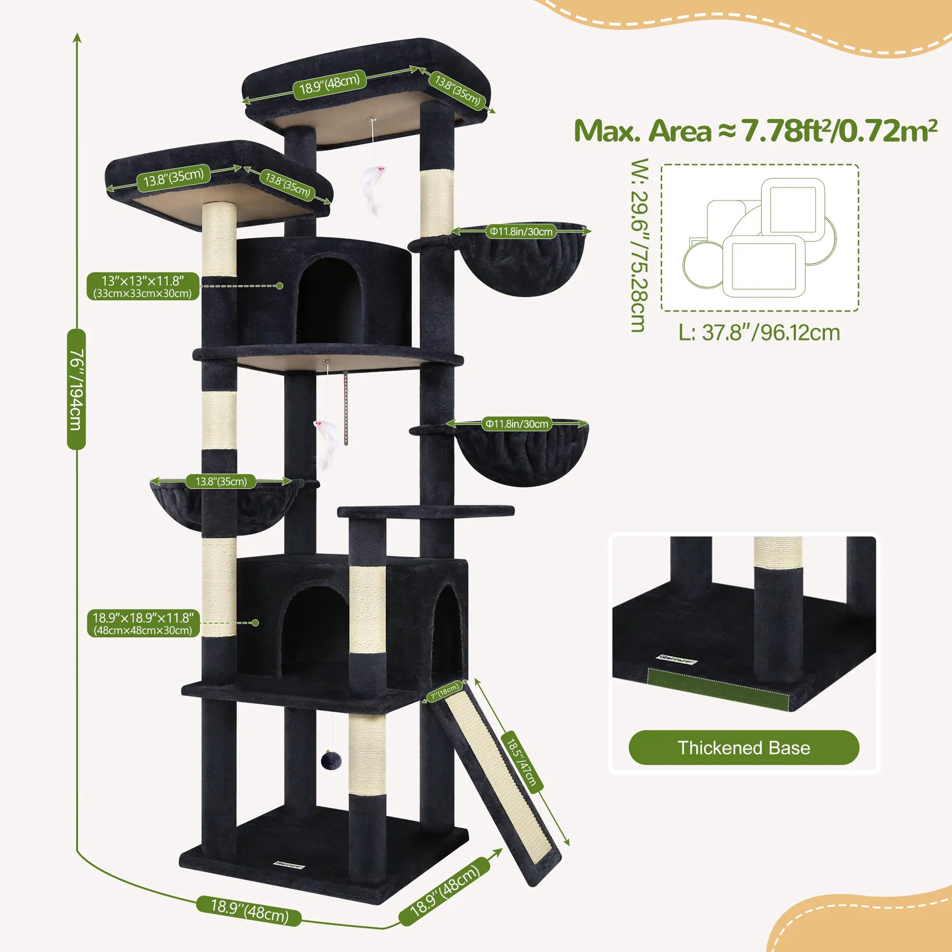 Skyline Cat Tower – 76" Tall Cat Tree with 2 Condos, 3 Hammocks & Sisal Scratching Posts