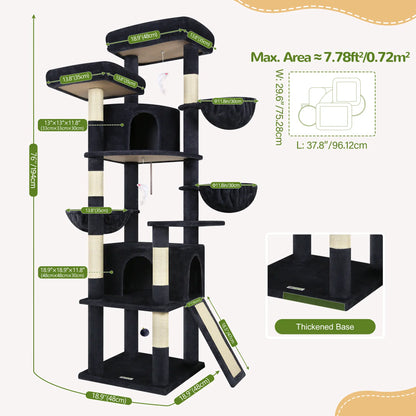 Skyline Cat Tower – 76" Tall Cat Tree with 2 Condos, 3 Hammocks & Sisal Scratching Posts