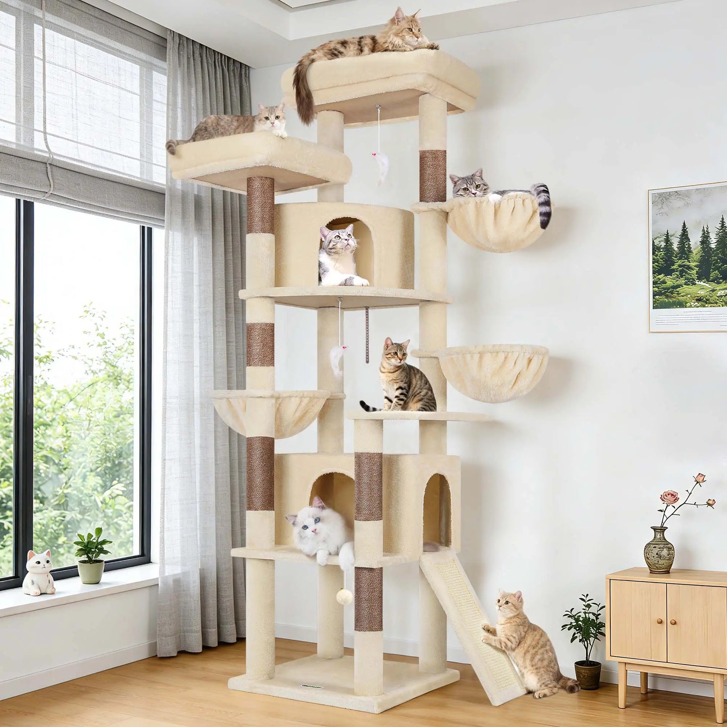 Skyline Cat Tower – 76" Tall Cat Tree with 2 Condos, 3 Hammocks & Sisal Scratching Posts