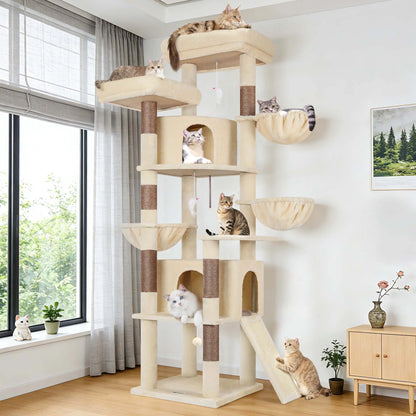 Skyline Cat Tower – 76" Tall Cat Tree with 2 Condos, 3 Hammocks & Sisal Scratching Posts