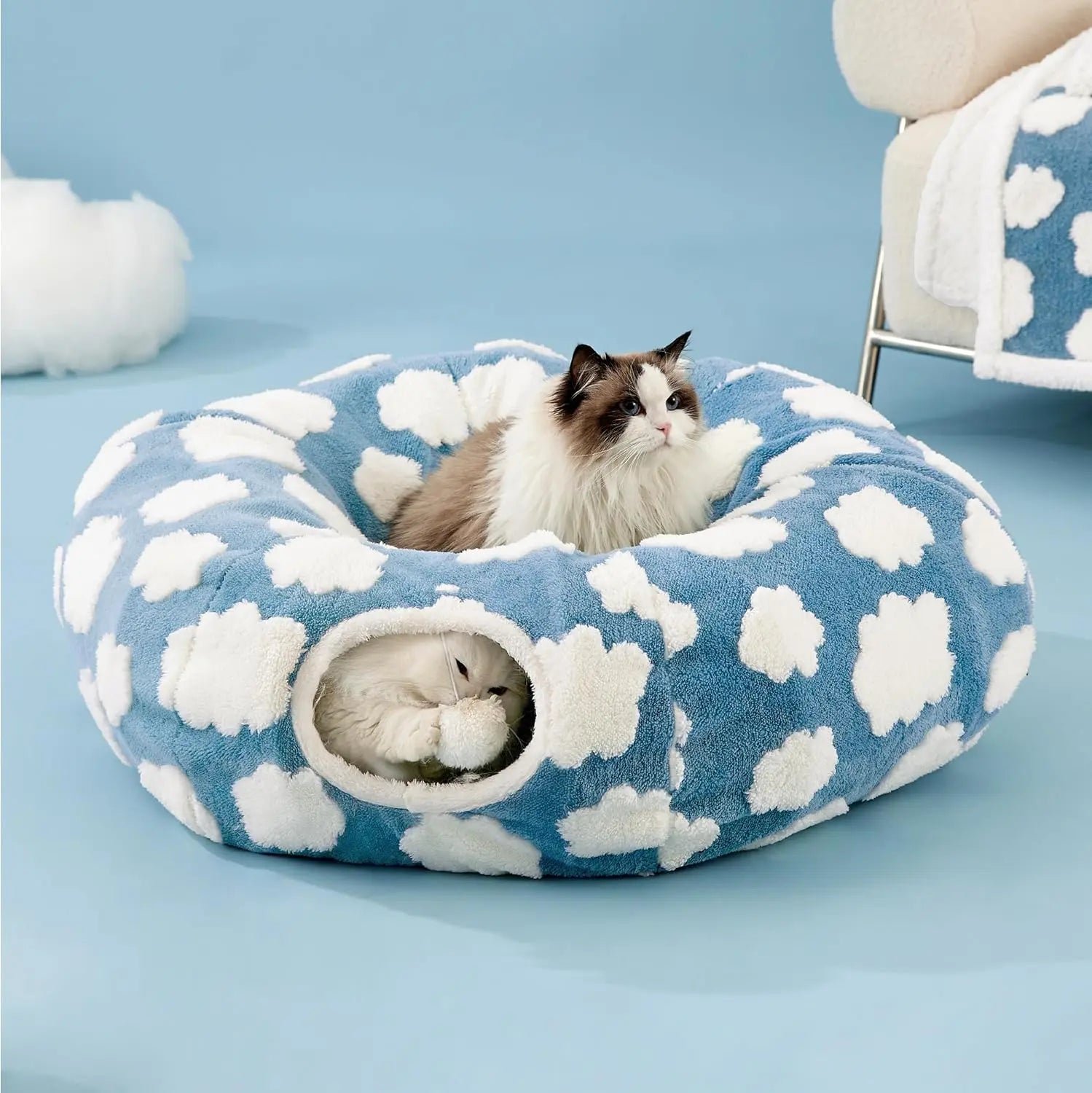 Cozy Cat Tunnel Bed for Indoor Cats – Soft & Cute Donut Tunnel with Washable Circle Cushion, 2-in-1 Pet Play Toy & Lounger