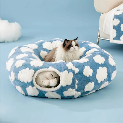 Cozy Cat Tunnel Bed for Indoor Cats – Soft & Cute Donut Tunnel with Washable Circle Cushion, 2-in-1 Pet Play Toy & Lounger