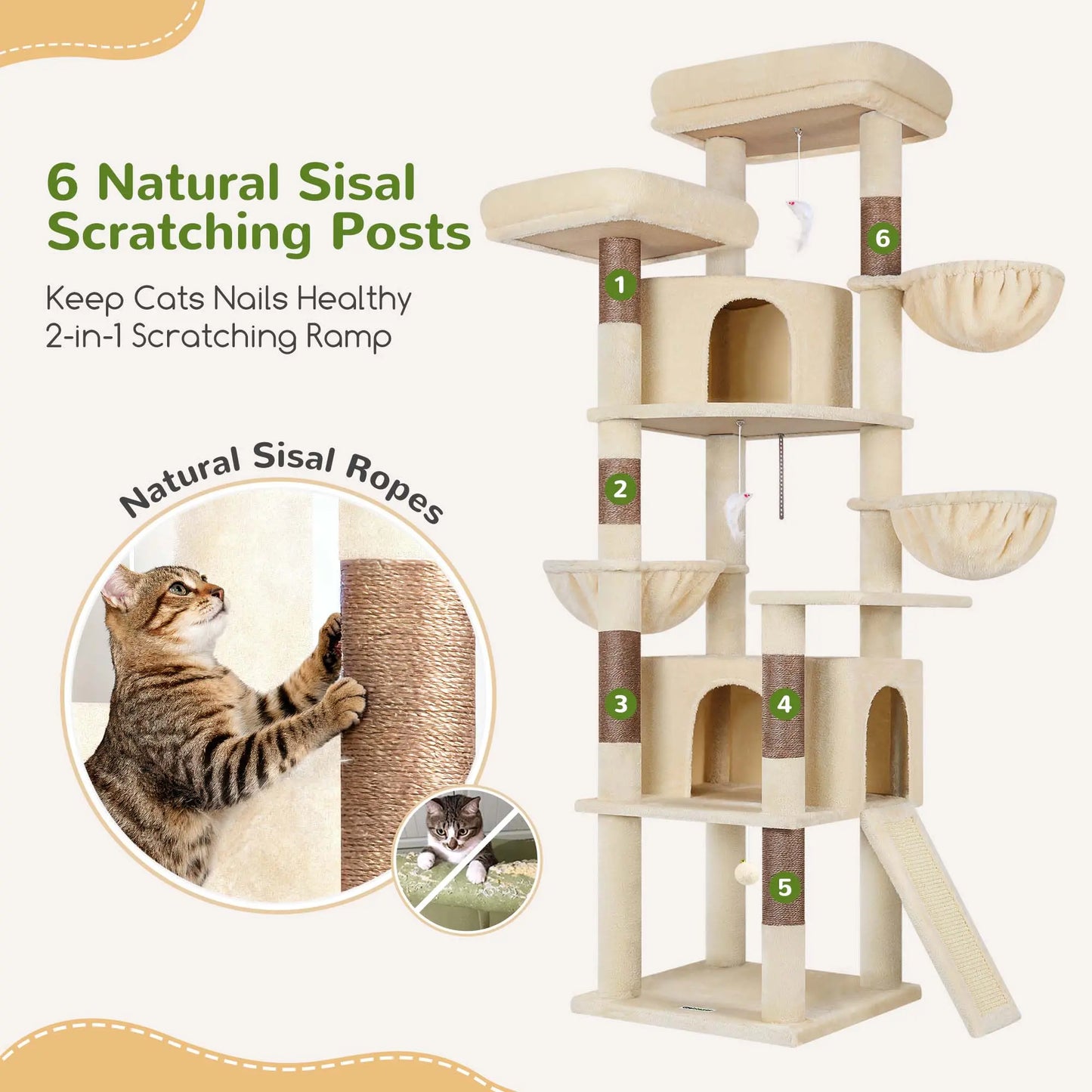 Skyline Cat Tower – 76" Tall Cat Tree with 2 Condos, 3 Hammocks & Sisal Scratching Posts