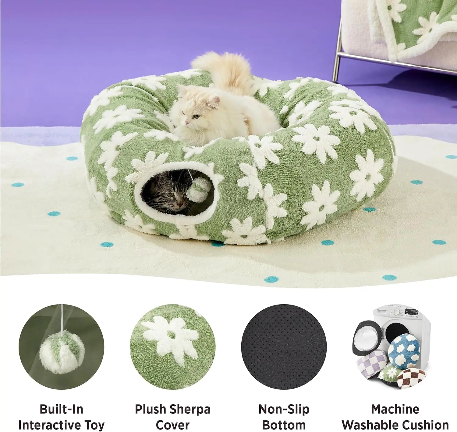 Cozy Cat Tunnel Bed for Indoor Cats – Soft & Cute Donut Tunnel with Washable Circle Cushion, 2-in-1 Pet Play Toy & Lounger
