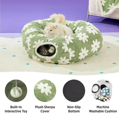Cozy Cat Tunnel Bed for Indoor Cats – Soft & Cute Donut Tunnel with Washable Circle Cushion, 2-in-1 Pet Play Toy & Lounger