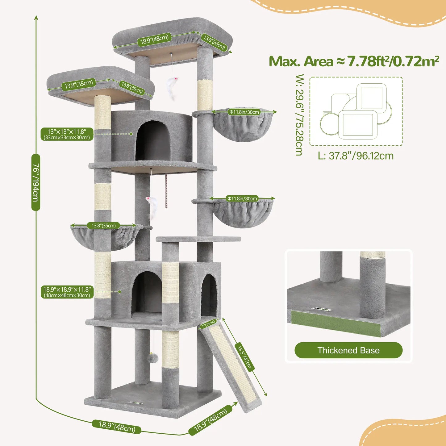 Skyline Cat Tower – 76" Tall Cat Tree with 2 Condos, 3 Hammocks & Sisal Scratching Posts