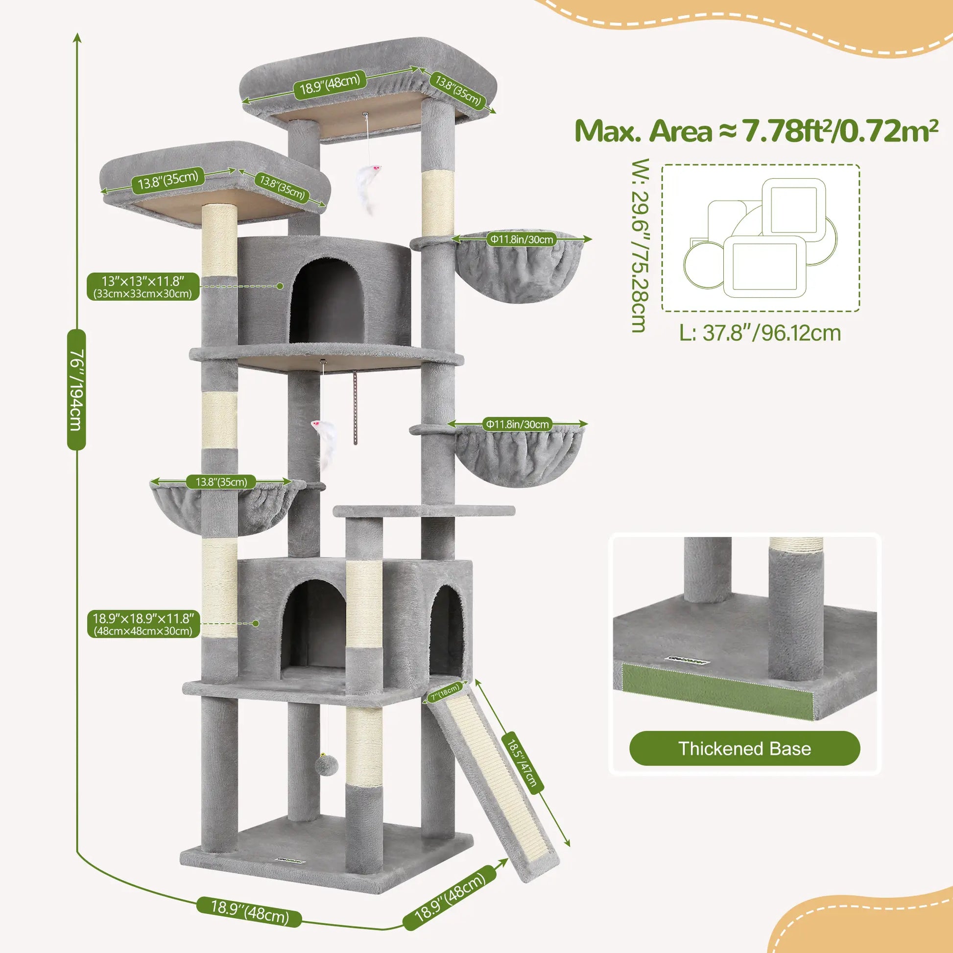 Skyline Cat Tower – 76" Tall Cat Tree with 2 Condos, 3 Hammocks & Sisal Scratching Posts