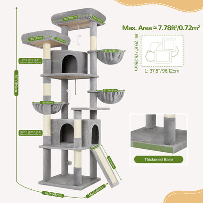 Skyline Cat Tower – 76" Tall Cat Tree with 2 Condos, 3 Hammocks & Sisal Scratching Posts