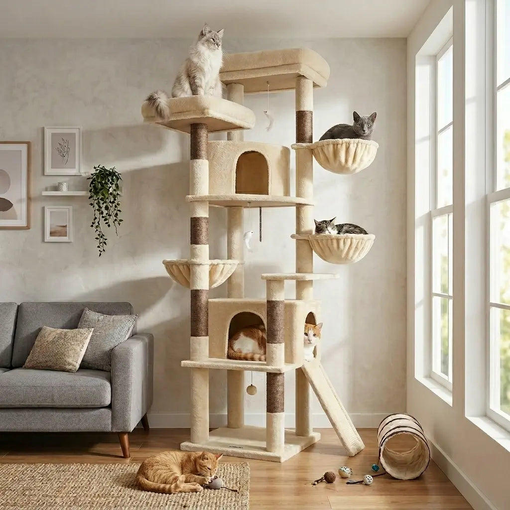 Skyline Cat Tower – 76" Tall Cat Tree with 2 Condos, 3 Hammocks & Sisal Scratching Posts