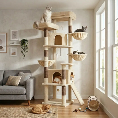 Skyline Cat Tower – 76" Tall Cat Tree with 2 Condos, 3 Hammocks & Sisal Scratching Posts