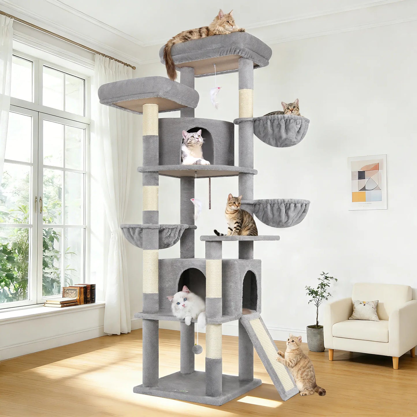 Skyline Cat Tower – 76" Tall Cat Tree with 2 Condos, 3 Hammocks & Sisal Scratching Posts