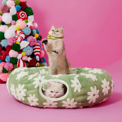 Cozy Cat Tunnel Bed for Indoor Cats – Soft & Cute Donut Tunnel with Washable Circle Cushion, 2-in-1 Pet Play Toy & Lounger