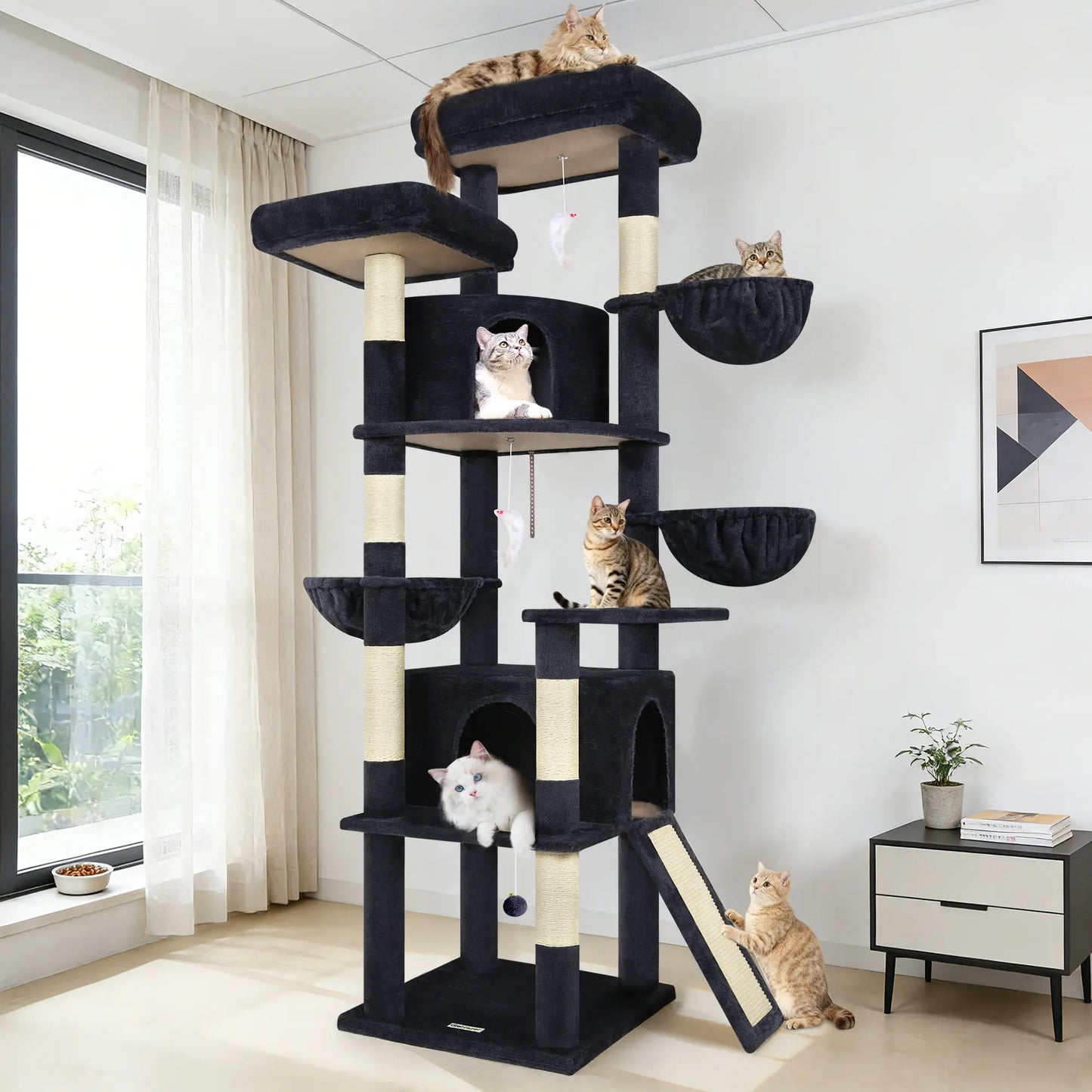 Skyline Cat Tower – 76" Tall Cat Tree with 2 Condos, 3 Hammocks & Sisal Scratching Posts