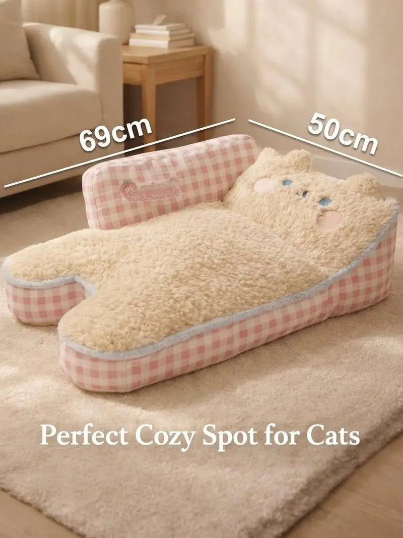 Aesthetic Pink Gingham Cat Sofa Bed – Orthopedic Plush Pet Couch & Calming Fleece Lounger for Cats & Small Dogs