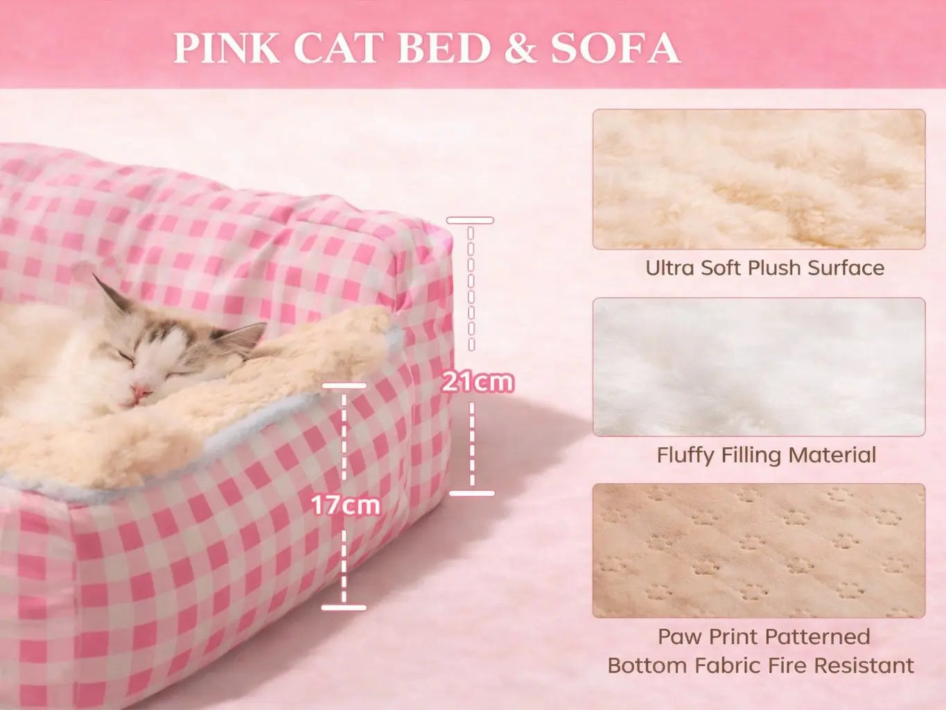Aesthetic Pink Gingham Cat Sofa Bed – Orthopedic Plush Pet Couch & Calming Fleece Lounger for Cats & Small Dogs