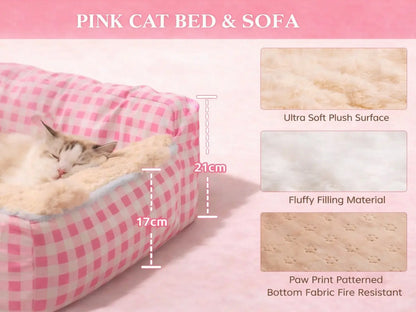 Aesthetic Pink Gingham Cat Sofa Bed – Orthopedic Plush Pet Couch & Calming Fleece Lounger for Cats & Small Dogs