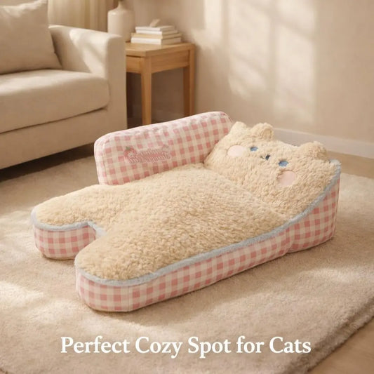 Aesthetic Pink Gingham Cat Sofa Bed – Orthopedic Plush Pet Couch & Calming Fleece Lounger for Cats & Small Dogs